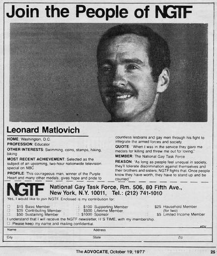 "Leonard Matlovich" "National Gay and Lesbian Task Force" NGLTF